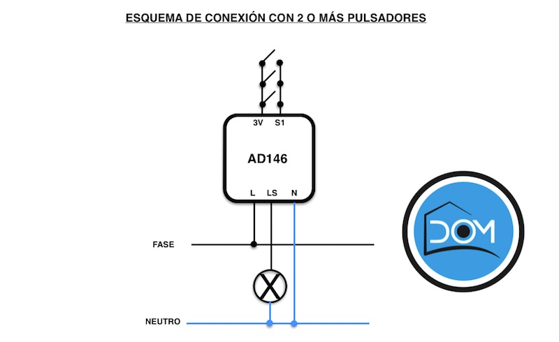 Dimmer AD146 - Esquema de conexión con 2 o más pulsadores